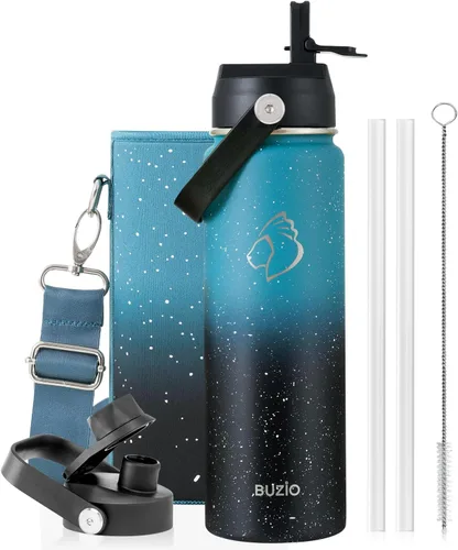 Vista 52 de BUZIO Botella de agua aislada de 24 oz, frasco de agua de boca ancha de acero inoxidable con tapa de pajita, frío durante 48 horas a prueba de Negro