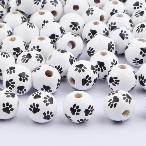Vista 4 de 100 cuentas espaciadoras de madera con estampado de pata de perro de 0.63 pulgadas, cuentas redondas de huellas de perro en blanco y negro