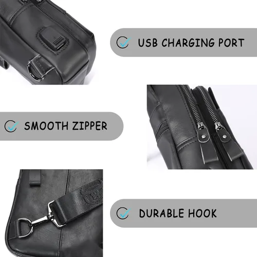 Vista 3 de BULLCAPTAIN Bolso bandolera de cuero para hombres con puerto de carga USB, bolsa de hombro, mochila cruzada para senderismo, mochila de viaje