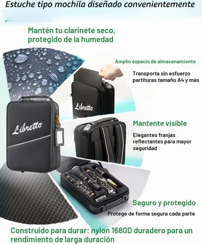 Vista 6 de Libretto Juego de clarinete Bb para principiantes e intermedios, boquilla y cañas de marca, soporte de música, kit de limpieza, instrucciones, funda