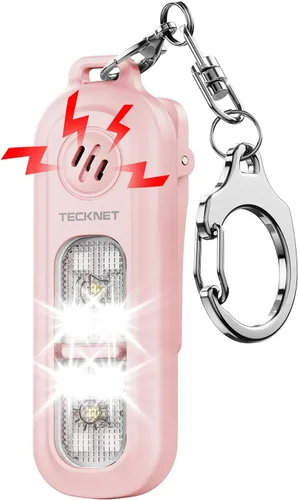 Vista 11 de TECKNET Alarma de seguridad personal de 135 dB con luz estroboscópica SOS para mujer, recargable e impermeable IPX4, luces de carrera con linterna