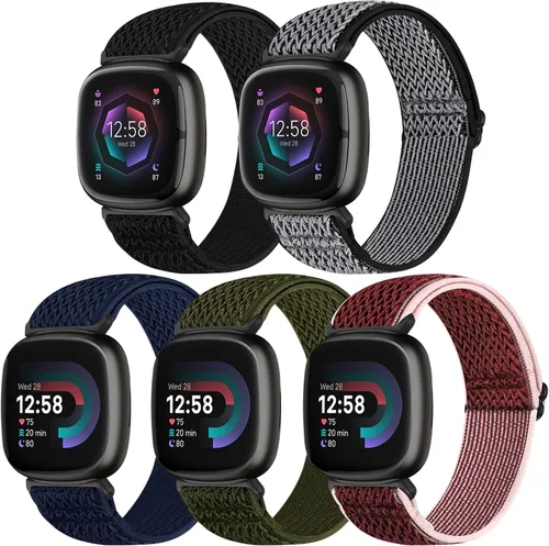 Vista 9 de Bcuckood Compatible con Fitbit Versa 4/Versa 3/Sense 2/Sense Band para mujeres y hombres, paquete de 5 correas de nailon elástico suave ajustable
