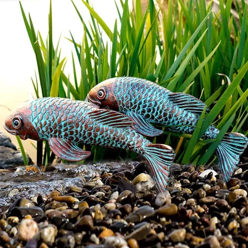 Vista 9 de Estatuas de Jardín de Peces Koi de Cerámica Antigua - Juego de 2 Exquisitas Esculturas de Peces para Exteriores, Patio, Estanque y Decoraciones