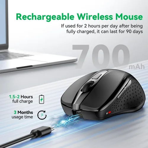 Vista 3 de TechRise Ratón Bluetooth (BT5.0/3.0 y 2.4G) Ratón inalámbrico recargable, seguimiento óptico de 4800 DPI, 6 DPI ajustables, 2.4GHz con receptor USB