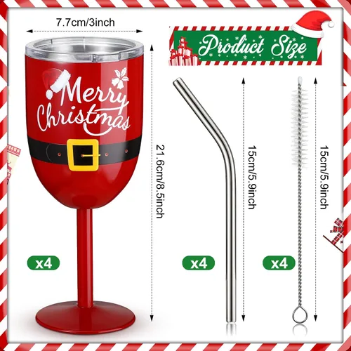 Vista 3 de Ziliny 4 copas de vino de Navidad de 10 onzas con tallo de acero inoxidable con tapas, cinturón de Papá Noel, copas irrompibles de doble pared