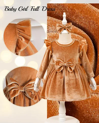 Vista 4 de Kucnuzki Vestido de terciopelo para niña pequeña, vestido de terciopelo sólido para niña, vestido de princesa casual para fiesta de otoño