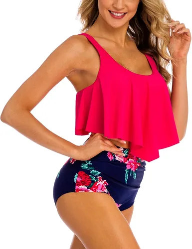 Vista 4 de Traje de baño de dos piezas con volantes y cintura alta para mujer de Coskaka