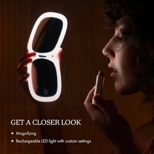 Vista 3 de Vanity Planet Moda - Espejo de maquillaje de bolsillo con luces y aumento, mini espejo de maquillaje compacto y de viaje, portátil, ajustable