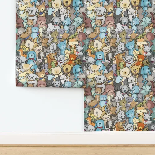 Vista 4 de Muestra de papel tapiz extraíble – Perros de rescate de mascotas animales lindos dibujos animados cuarto de niños gatos adoptar habitación
