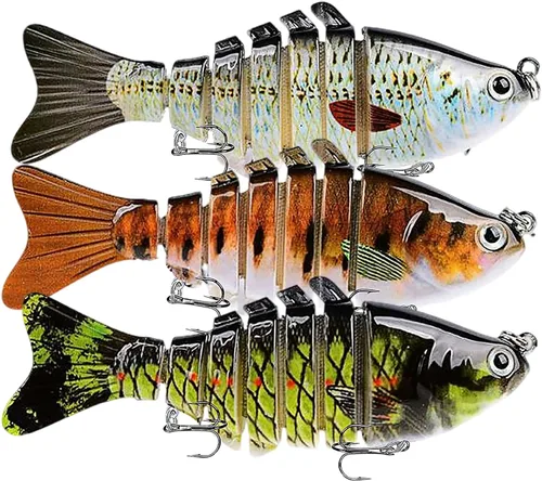 Vista 8 de Keenjorika Multi-Jointed Swimbaits, 3 Pack Slow-Sinking Segmented Fishing Lures with Rattle and Treble Hooks for Bass, Trout, Pike and Walleye