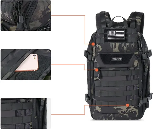 Vista 7 de MOSISO Mochila táctica de 30L, mochila militar de 3 días, mochila de asalto al aire libre, senderismo, caza, pesca, camping, entrenamiento, bolsa
