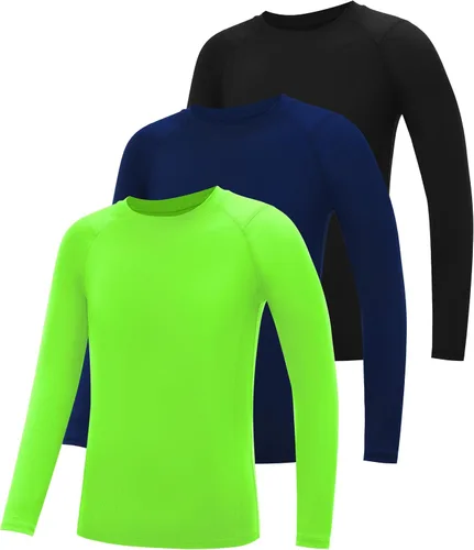 Vista 14 de Camiseta de compresión de manga larga para niños, paquete de 3 camisetas deportivas de béisbol para niños, capa base de secado rápido para fútbol