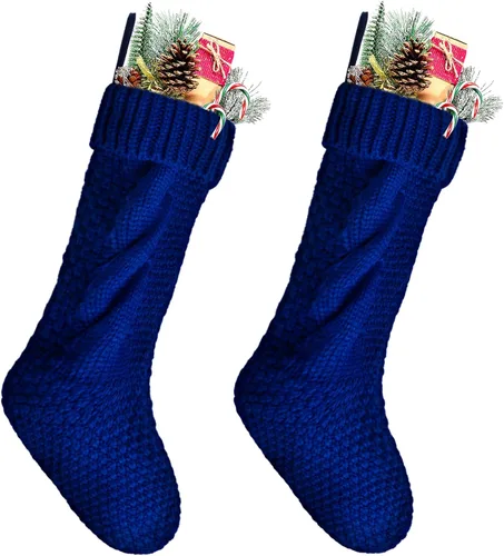 Vista 2 de Calcetines navideños de punto trenzado a granel, color azul, 18 pulgadas, para decoración navideña, paquete de 4