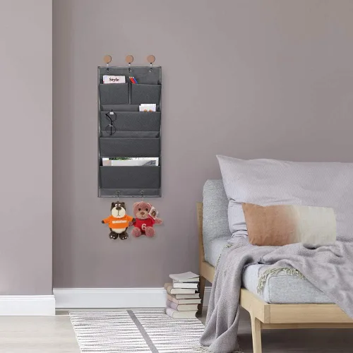 Vista 7 de Organizador de 5 bolsillos para colgar sobre la puerta y almacenamiento con ganchos, montaje en pared, suministros de oficina, carpetas de archivos