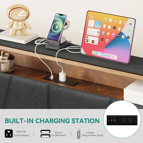 Vista 3 de YITAHOME Base de cama tapizada tamaño Queen, base de cama LED con cabecero de almacenamiento, cama plataforma con toma de corriente y puertos USB
