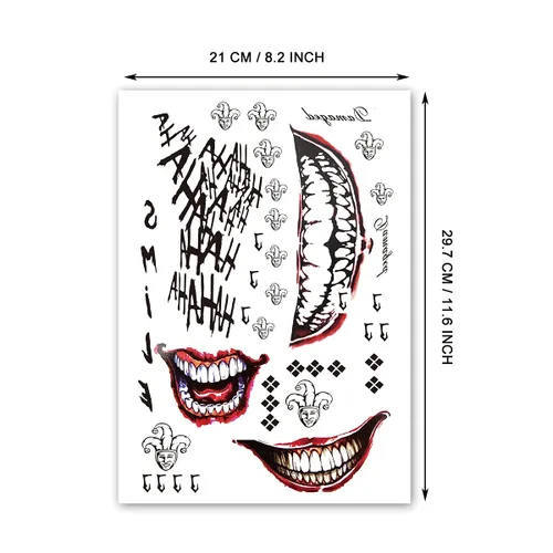Vista 2 de 2 hojas de tatuajes falsos adhesivos para hombre, para disfraces, Halloween, cosplay, accesorios o fiestas.
