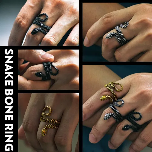 Vista 4 de Anillos de motociclista de acero inoxidable, chapado en oro, vértebras de serpiente negra con lazo para hombres y mujeres, joyería gótica punk