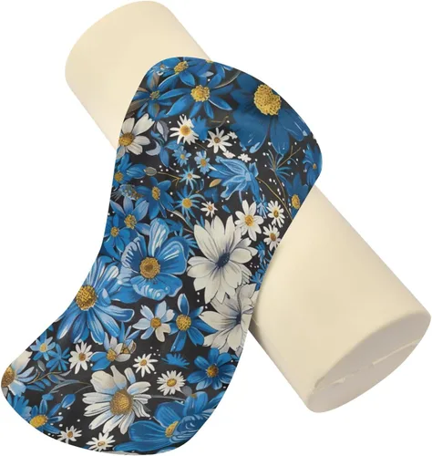 Vista 2 de Blue White Flowers Neck Pillow for Sleeping, Cervical Roll Memory Foam Pillows for Neck Pain Relief, Neck Support Round Pillows with Washable Cover