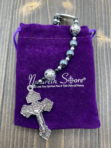 Vista 5 de Nazareth Store Pardon Hematite - Rosario para hombre cuentas negras de acero inoxidable medalla milagrosa y cruz de nuestro padre 20 pulgadas