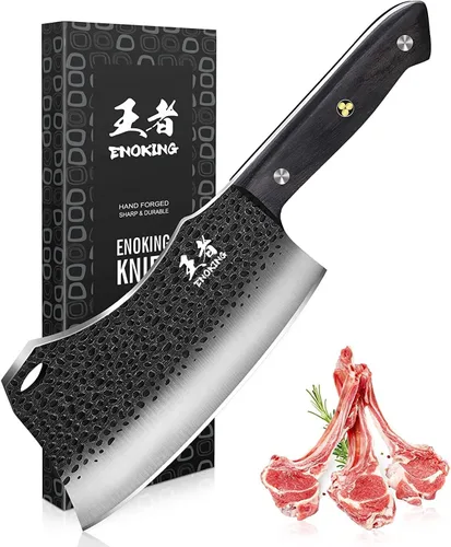 Vista 9 de ENOKING Cuchillo de carnicero de 5.7 pulgadas, cuchillo forjado a mano resistente para huesos con mango de madera, cuchillo de carnicero de espiga