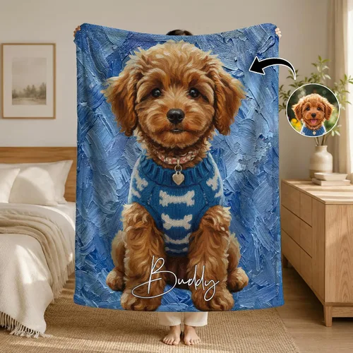 Vista 2 de callie Personalized Blanket with Oil Painting Photo - Customized Pet Lover Gifts - Dog Cat Memorial Gifts - Soft Cozy Warm Flannel/Sherpa Throw