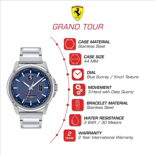 Vista 4 de Ferrari Scuderia Grand Tour Reloj de cuarzo para hombre, acero inoxidable y pulsera, color plateado (Modelo 0830835), plateado, Reloj de cuarzo