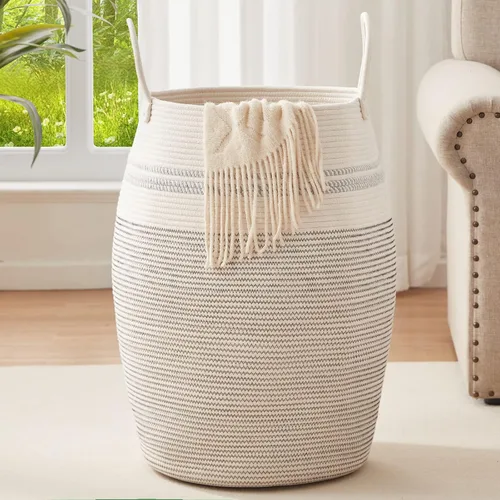 Vista 10 de OIAHOMY Cesta de lavandería tejida de cuerda, tamaño grande, con asas extendidas para ropa y juguetes, cesta alta de 25.6 pulgadas, plegable