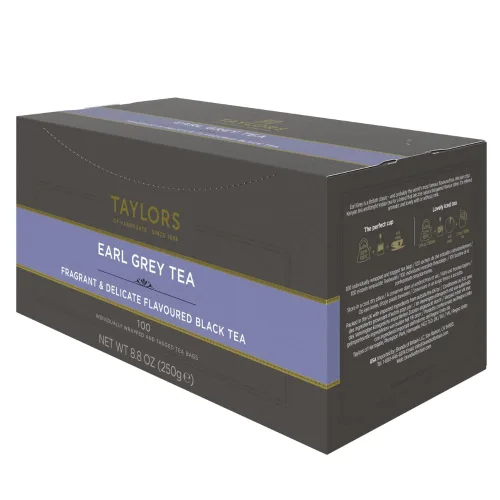 Vista 2 de Taylors of Harrogate Earl Grey, Té Negro, Bolsas Envueltas Individualmente, 100 Unidades (Paquete de 1), Fragante, Delicado y Ligero, Con Cafeína