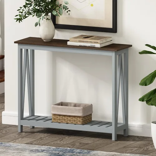 Vista 12 de ChooChoo Mesa de Consola para Entrada, Mesas de Sofá para Sala de Estar Estilo Granja, Mesa Estrecha para Pasillo y Vestíbulo con Estante, Negro