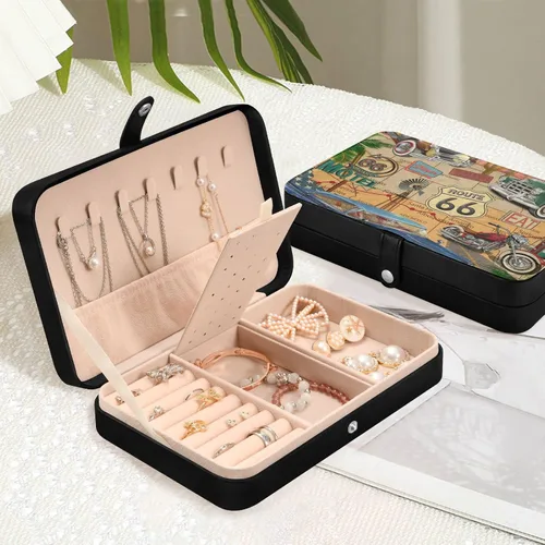 Vista 6 de J JOYSAY Route 66 Joyero organizador de viaje pequeño joyero de cuero PU para aretes, joyero, collar, anillo organizador de almacenamiento
