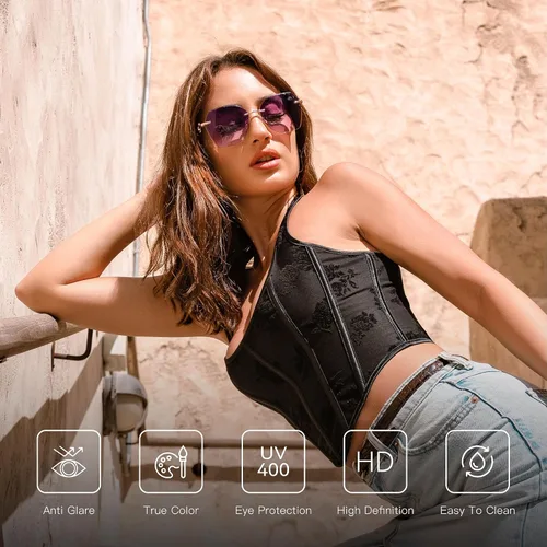 Vista 15 de ZENOTTIC Lentes de sol sin montura de gran tamaño para mujer, diseño geométrico de corte de diamante, lentes degradados, protección UV, tonos de moda