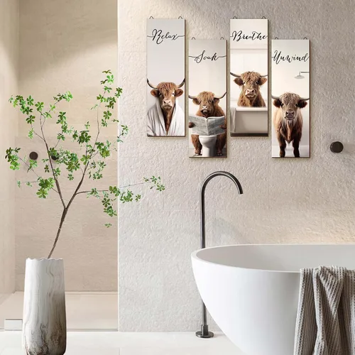 Vista 6 de Letrero de madera para decoración de baño de vaca de las montañas, 4 piezas, diseño de vaca rústica para colgar en casa, cuarto de servicio