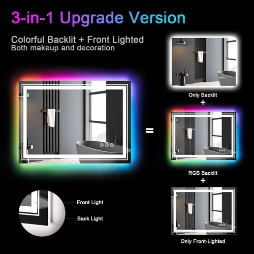 Vista 3 de Snowdool - Espejo LED para baño de 20"X28", con 8 luces RGB retroiluminadas + 3 luces frontales (ajustables individualmente), antiempañamiento, 3