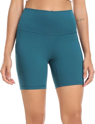 Vista 3 de Colorfulkoala - Pantalones cortos biker para yoga y entrenamiento, de talle alto y con bolsillos, con entrepierna de 6pulgadas, para mujer