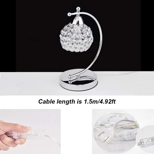 Vista 2 de Onerbuy Moderna lámpara de mesa de cristal enchufable, lámpara de mesa de noche cromada plateada E27 con interruptor de encendido/apagado en línea
