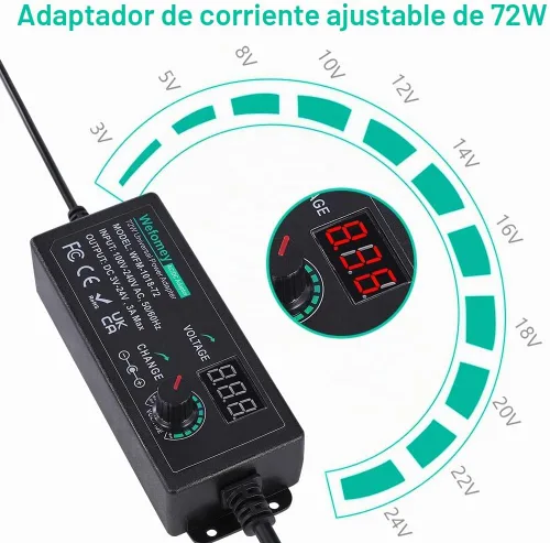 Vista 2 de Fuente de alimentación universal 3V-24V 3A 72W Adaptador de CA/CC ajustable