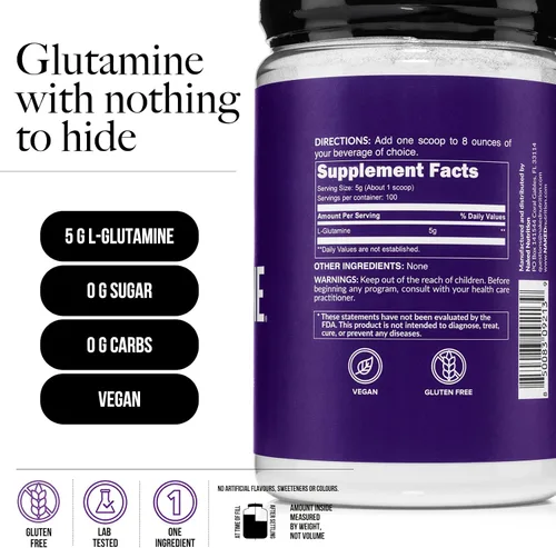Vista 3 de L-glutamina pura fabricada en los Estados Unidos – 100 porciones – 17.64 oz, 1.1 libras a granel, vegano, sin OMG, sin gluten y sin soja. Minimiza