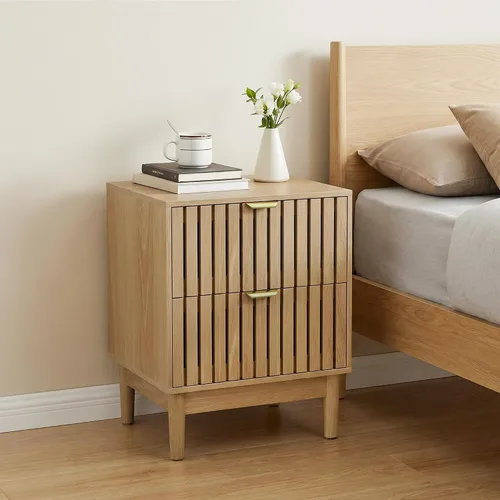 Vista 9 de Juego de 2 mesitas de noche de madera, moderna mesita de noche con diseño de rejilla, mesa auxiliar con 2 cajones de almacenamiento para sala