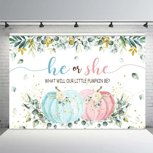 Vista 7 de MEHOFOND Fondo de otoño de 7 x 5 pies, diseño de calabaza pequeña para baby shower, decoración de fiesta con texto en inglés "He or she What Will