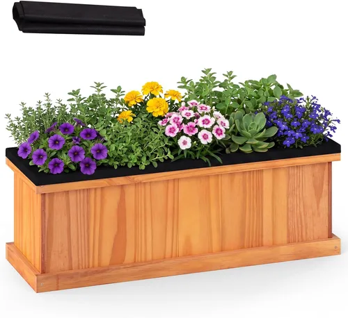 Vista 9 de HAPPYGRILL Cama de jardín elevada de madera, maceta rectangular de madera de acacia natural con forro y drenaje para hierbas de flores vegetales
