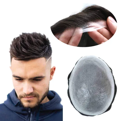 Vista 10 de HAIR NATURE Toupee para hombres, sistemas de reemplazo de cabello humano, 0.001 in piel ultra fina V-looped Jet Black piezas de cabello 8x10#1
