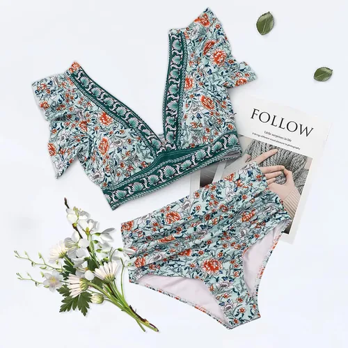 Vista 6 de Traje de baño de dos piezas con holanes y cintura alta para mujer, estampado tropical, traje push up