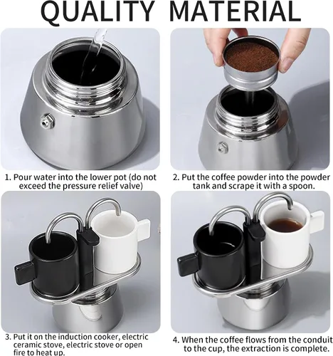 Vista 5 de Olla de Moka de Acero Inoxidable, Cafetera de Espresso de 2 Tazas para Estufa con Doble Boca, Fácil de Operar, Prepara Café Rápidamente, Olla