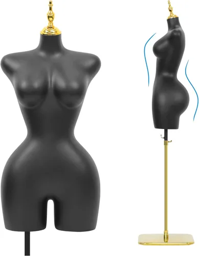 Vista 3 de Torso de maniquí femenino con altura ajustable y base de metal para exhibición de ropa en tienda minorista (Negro, L)