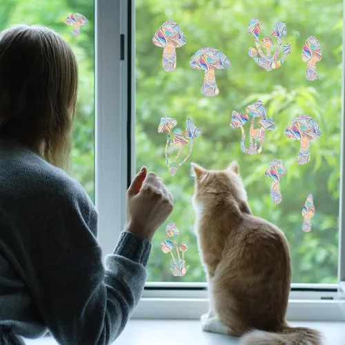 Vista 2 de Adhesivo para ventana de arco iris, 22 piezas de PVC con forma de hongo y arco iris, calcomanías estáticas para evitar golpes de pájaros