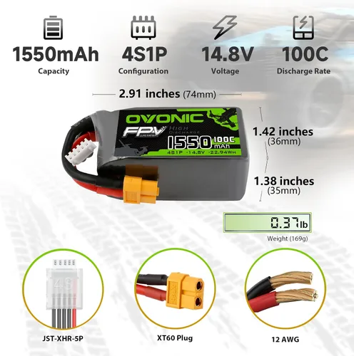 Vista 2 de OVONIC 4s Lipo Battery 100C 1550mAh 14.8V Lipo Battery Soft Case con conector XT60 para FPV (4 paquetes)