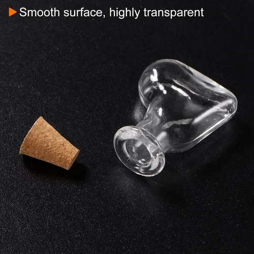 Vista 5 de HARFINGTON 20 mini botellas de vidrio con tapones de corcho oblicuamente en forma de corazón, pequeños frascos de vidrio transparentes transparentes