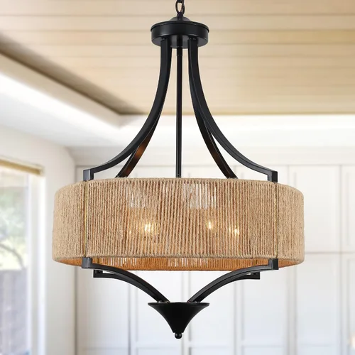 Vista 11 de Candelabro de Granja para Comedor de 5 Luces Negro Rústico de Tambor Candelabros de 20" Textura de Madera Lámpara Colgante Ajustable para Isla