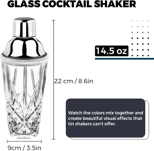 Vista 2 de Coctelera de cristal, 14.5 onzas, coctelera de Martini con colador para barras, whisky, cócteles, color plateado