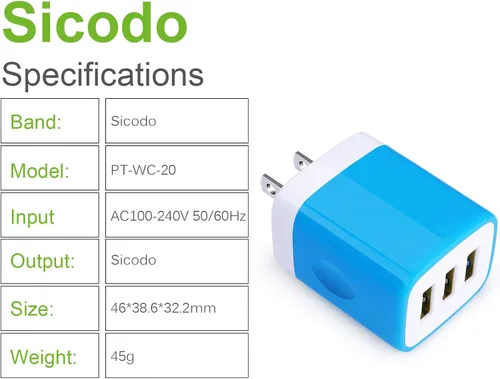 Vista 6 de Enchufe de carga, bloque de carga Sicodo - Paquete de 5 cubos USB de 3.1 amperios de 3 puertos para iPhone 17/16/15/14/13/12/SE/11Pro Max, Plus